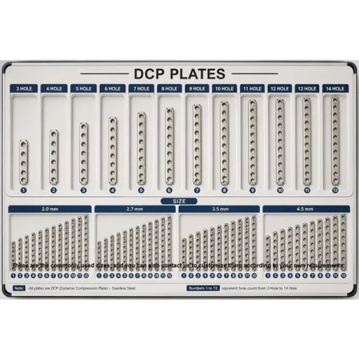 DCP Plate Broad stainless steel bone fixation plate available in 2.0mm to 4.5mm sizes and 3 to 20 hole options