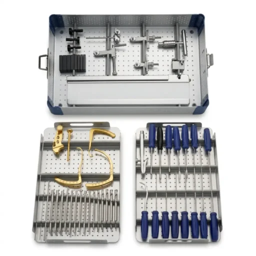ACL PCL Instruments Set — complete set showing all three instrument trays with aimers, cannulated reamers, and blue-handled instruments