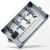 ACL PCL instruments set main case showing jig assembly, guider clamp, tunnel plugs, and depth scale mounted in a perforated steel tray