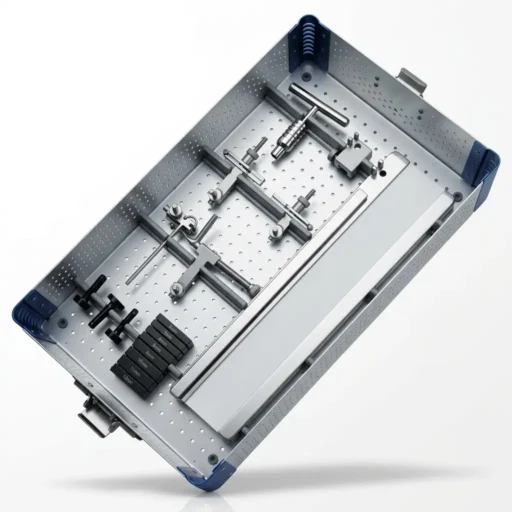 ACL PCL instruments set main case showing jig assembly, guider clamp, tunnel plugs, and depth scale mounted in a perforated steel tray