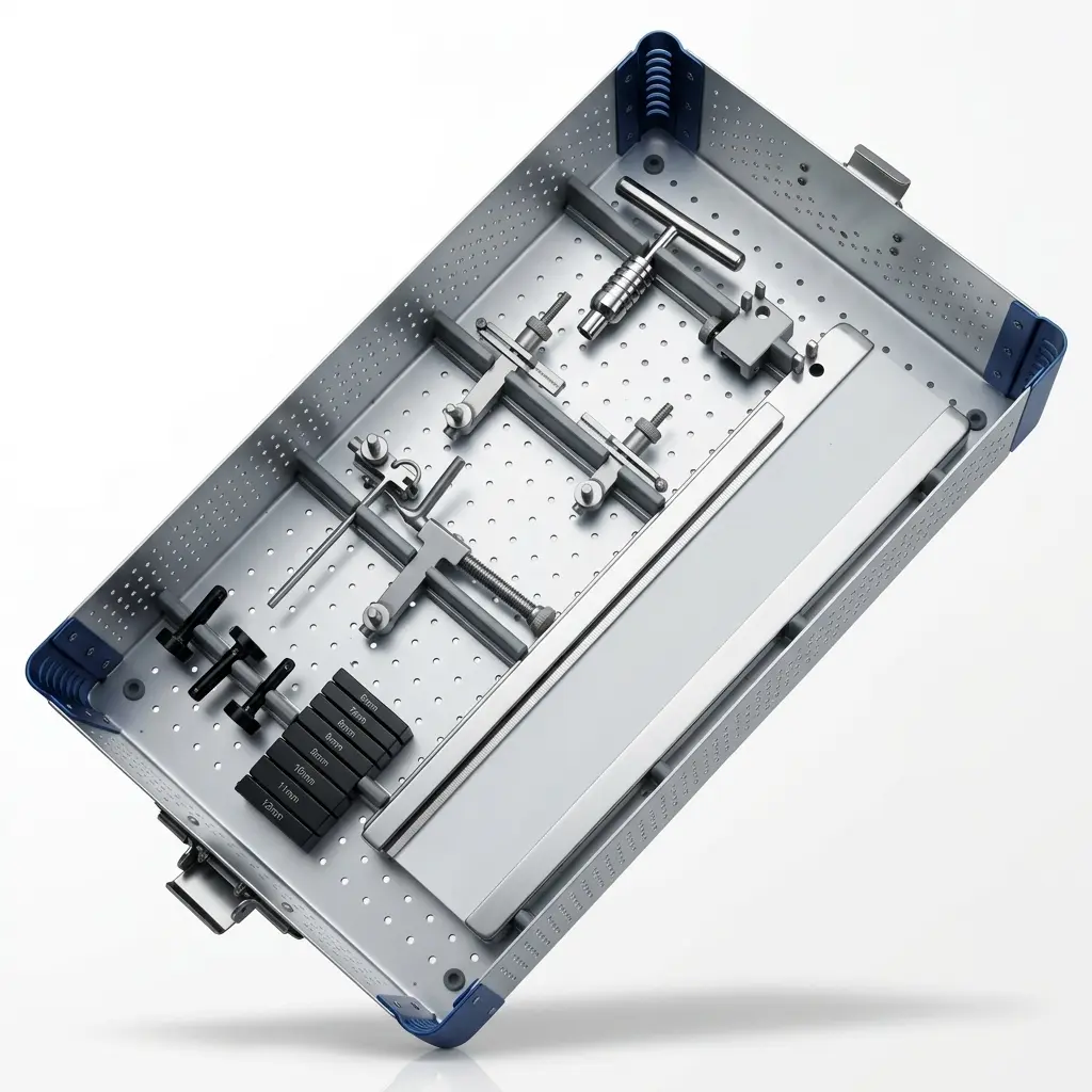 ACL PCL instruments set main case showing jig assembly, guider clamp, tunnel plugs, and depth scale mounted in a perforated steel tray