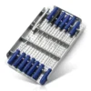 Third tray of the ACL PCL set showing arthroscopic probes, tendon strippers, rasps, and screwdrivers with blue handles
