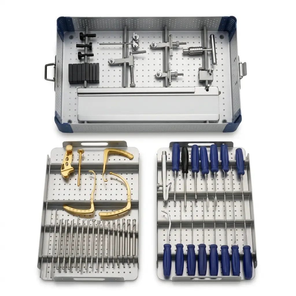 ACL PCL Instruments Set — complete set showing all three instrument trays with aimers, cannulated reamers, and blue-handled instruments