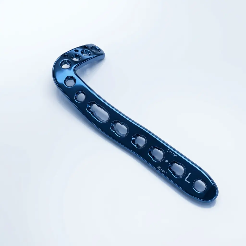 Blue-colored Anterolateral Distal Tibia Locking Plate, seen from above with a curved head of clustered holes and the letter L marked near the end of the long shaft.