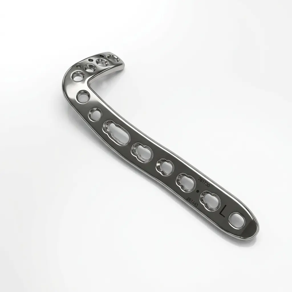 Anterolateral Distal Tibia Locking Plate in a silver-colored, reflective metal, seen from above with a curved head of clustered holes and the letter L marked near the end of the long shaft.