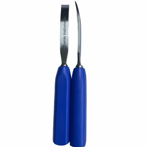 CAPENER orthopedic osteotome with acute curve blade and Tufnol handle for surgical bone cutting