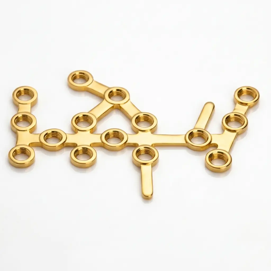 Calcaneus Locking Plate with multiple threaded screw holes and extended tabs, shown in gold-toned finish