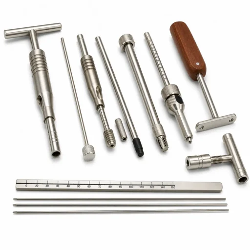 Close-up view of individual DHS dental instruments showing precision craftsmanship and German steel quality.