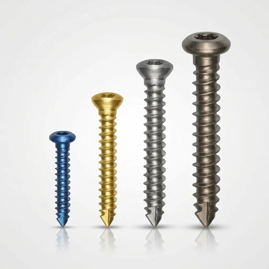 Multiple cortical screws displayed in different sizes and finishes, showing the available range of self-tapping cortical bone screws