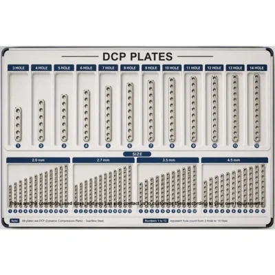 DCP Plate Broad stainless steel bone fixation plate available in 2.0mm to 4.5mm sizes and 3 to 20 hole options