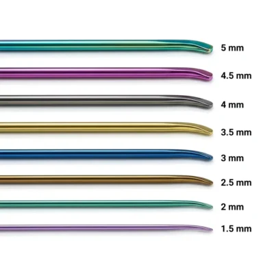 Elastic Nail diameter comparison with eight labeled sizes from 1.5 to 5 mm.