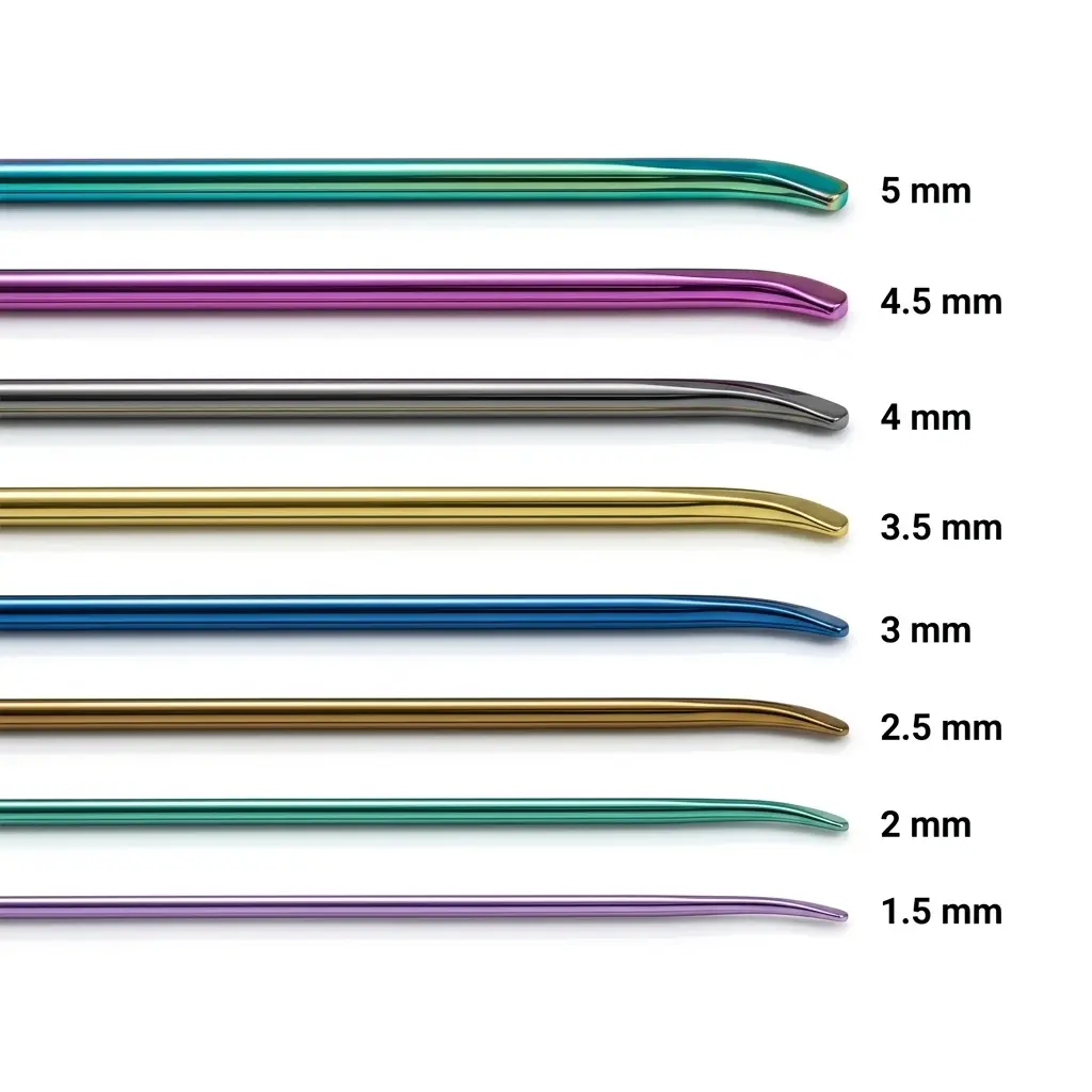 Elastic Nail diameter comparison with eight labeled sizes from 1.5 to 5 mm.