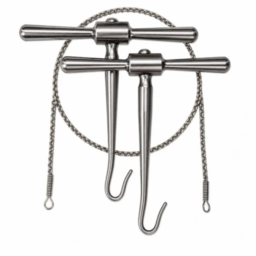Gigli Saw Wire surgical instrument mounted on T-shaped handles, ready for bone cutting in orthopedic surgery