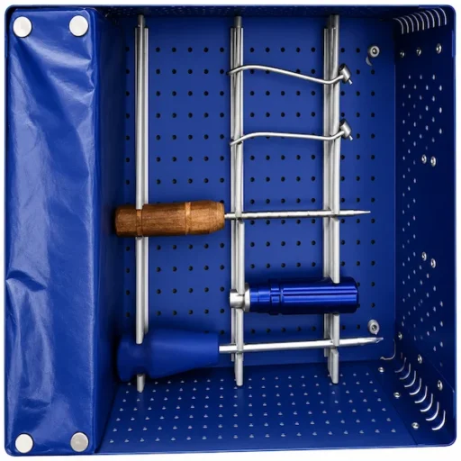Close-up view of organized cannulated drill bits and guide wire instruments with size indicators
