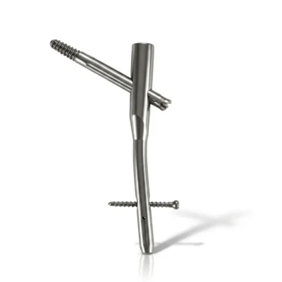 Silver-colored Hip Fracture Nail with a diagonal screw crossing the top and a small screw near the base