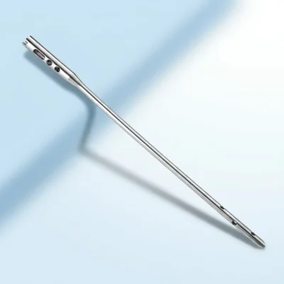 Silver Humerus Nail with a slot and two holes at the thicker end and three small holes near the tip