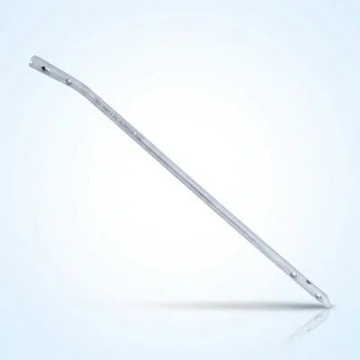 Interlocking Tibia Nail Solid in a silver-coloured finish, shown diagonally with holes near both ends.