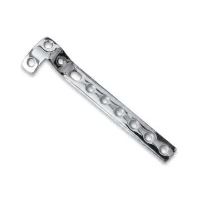 L-shaped stainless steel bone plate with angled head and hole pattern