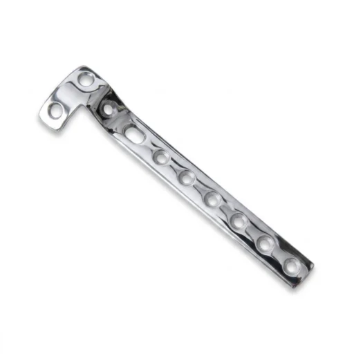 L-shaped stainless steel bone plate with angled head and hole pattern
