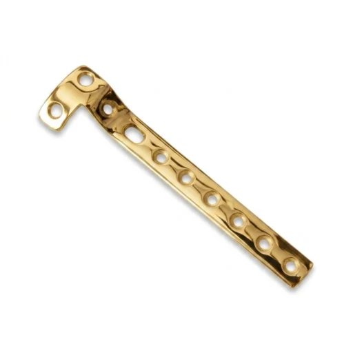 L-shaped orthopedic bone plate with gold-toned finish and multiple screw holes