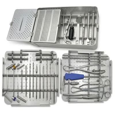 Complete Large Fragment Instrument Set displayed with the open sterilization box and two instrument trays showing drill bits, forceps, retractors, and bone-holding instruments