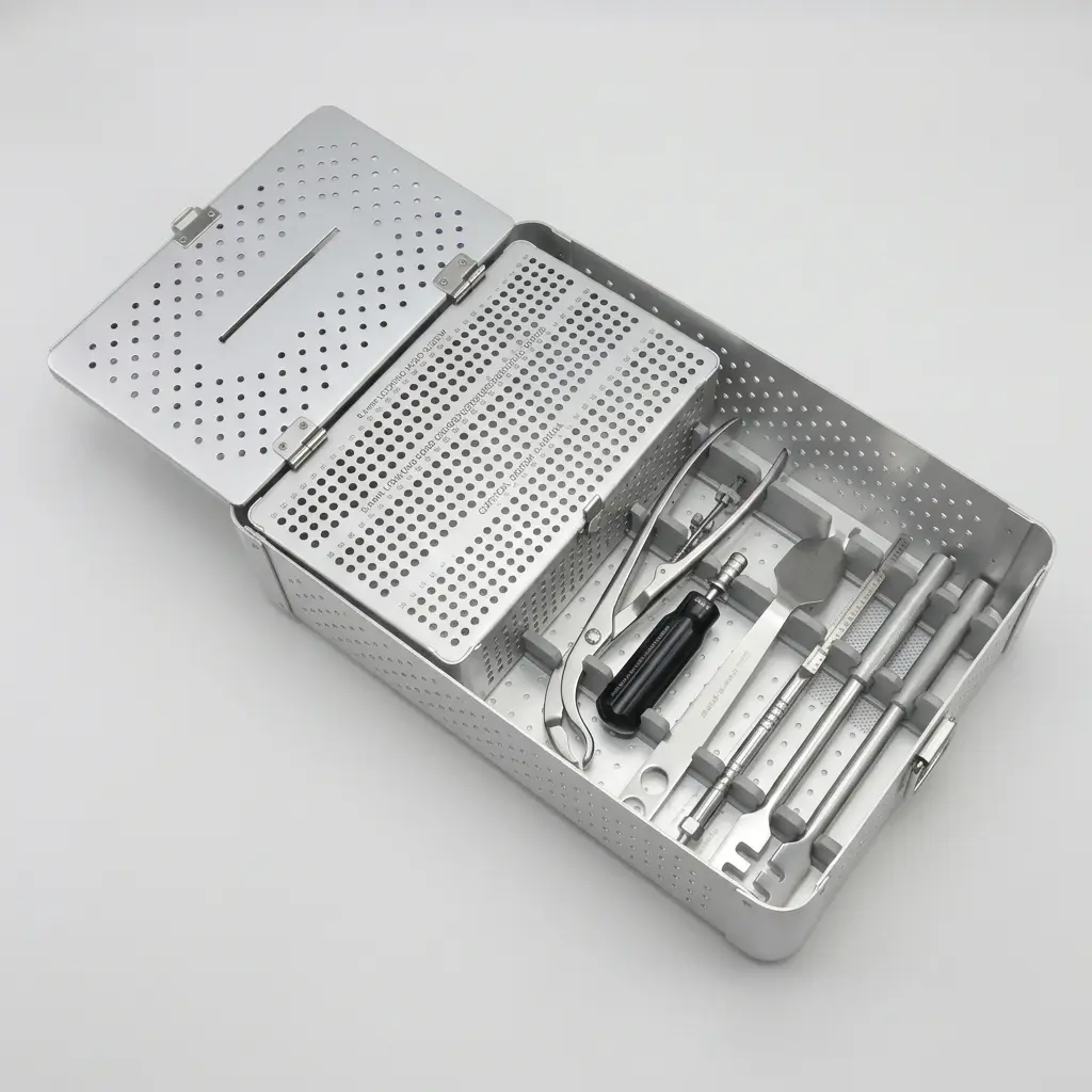 Large Fragment Instrument Set tray showing drill bits, drill guides, taps, T-handle, and screwdriver instruments arranged in a stainless steel sterilization tray