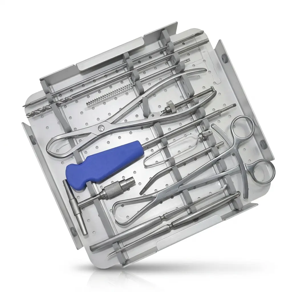 Large Fragment Instrument Set surgical sterilization box shown open with perforated inner tray lid and partial view of instruments including a retractor and screwdriver with black handle