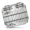 Large Fragment Instrument Set tray showing forceps, retractors, bone-holding instruments, and a screwdriver with blue handle in a stainless steel sterilization tray