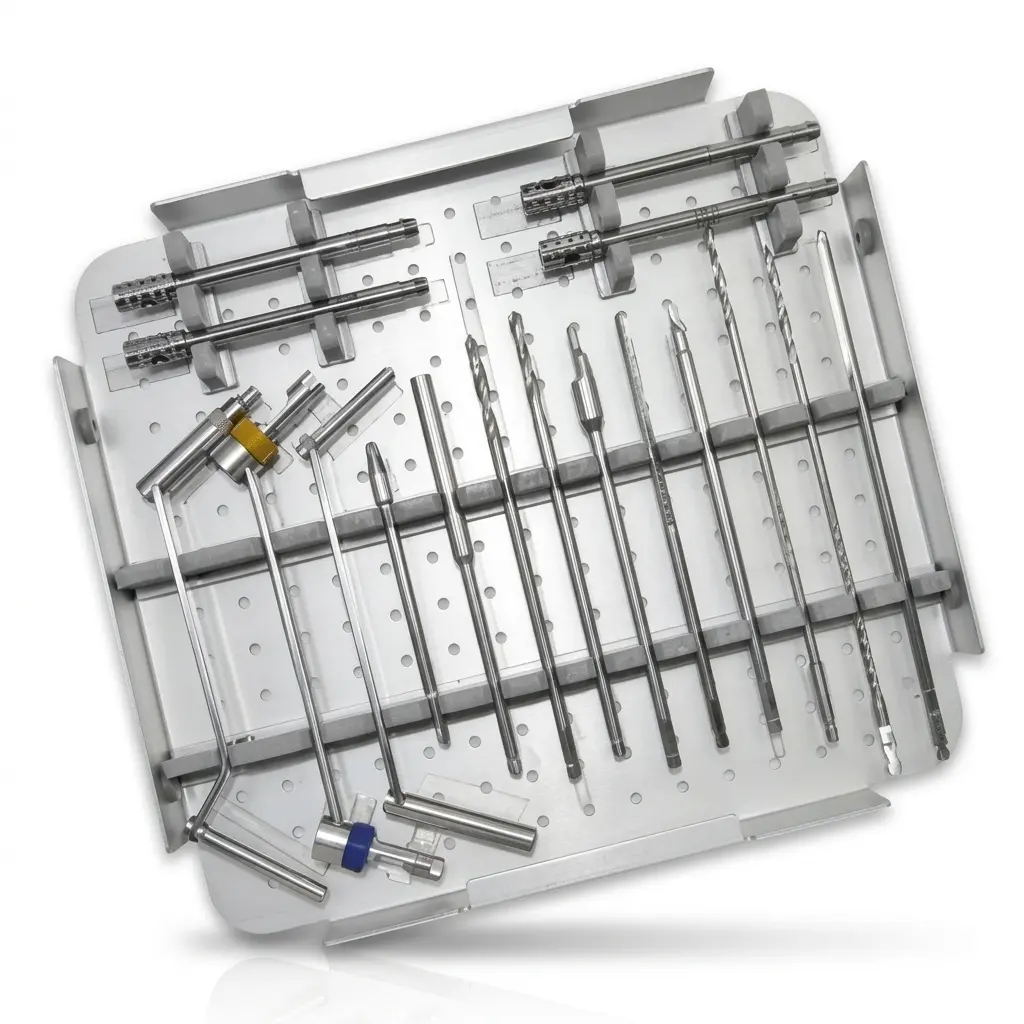 Large Fragment Instrument Set tray showing forceps, retractors, bone-holding instruments, and a screwdriver with blue handle in a stainless steel sterilization tray