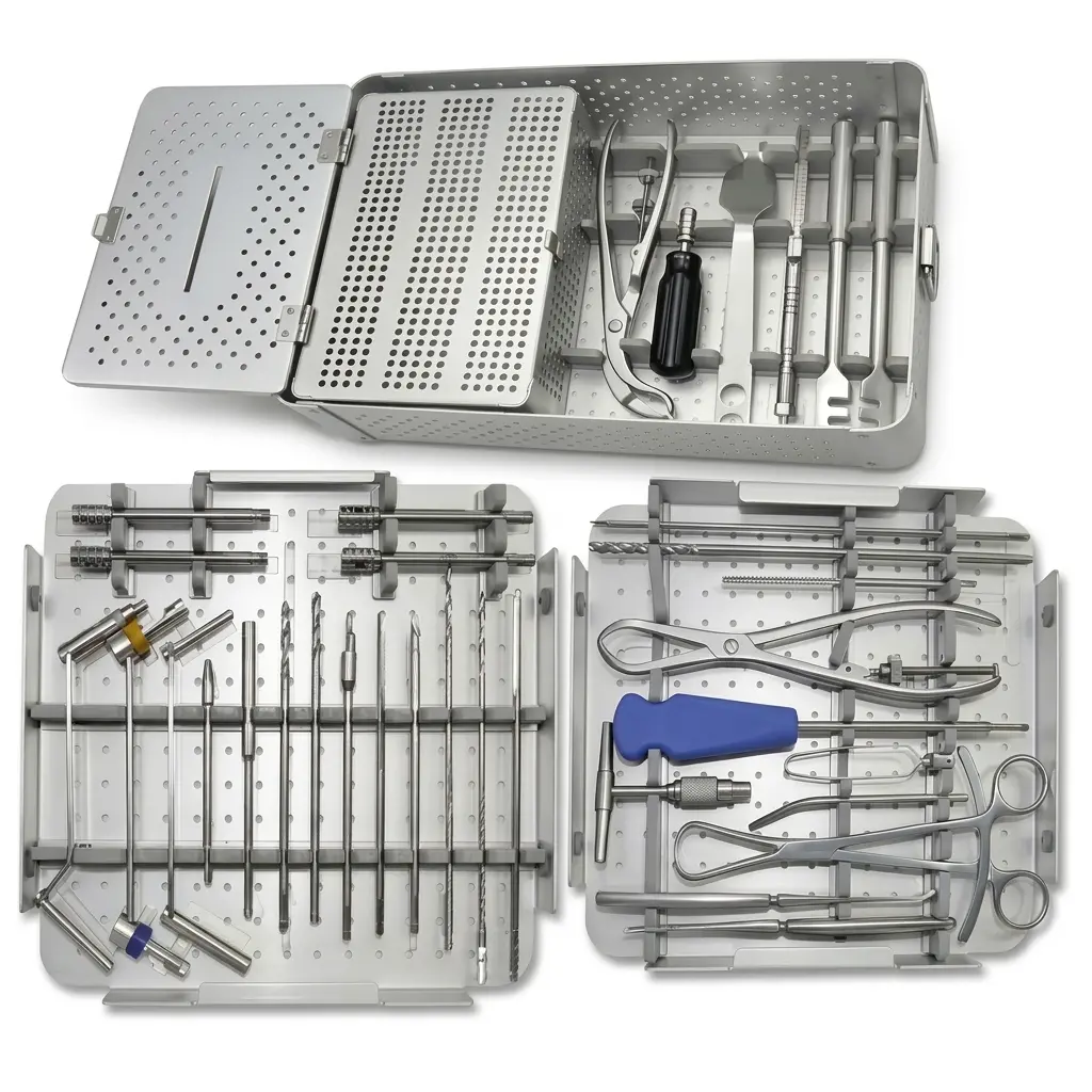 Complete Large Fragment Instrument Set displayed with the open sterilization box and two instrument trays showing drill bits, forceps, retractors, and bone-holding instruments