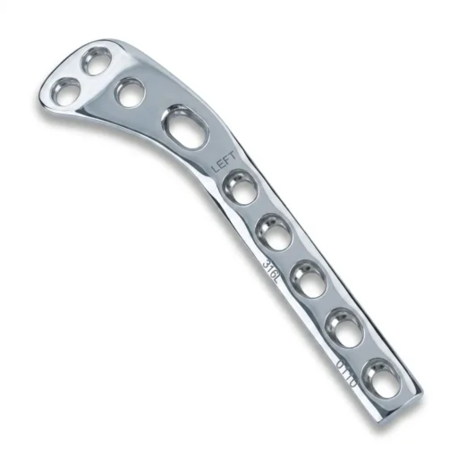 Lateral tibial hockey plate in stainless steel and titanium, left and right, multiple hole options
