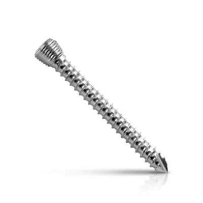 Self-tapping locking head screw for orthopedic fixation, shown in metallic finish