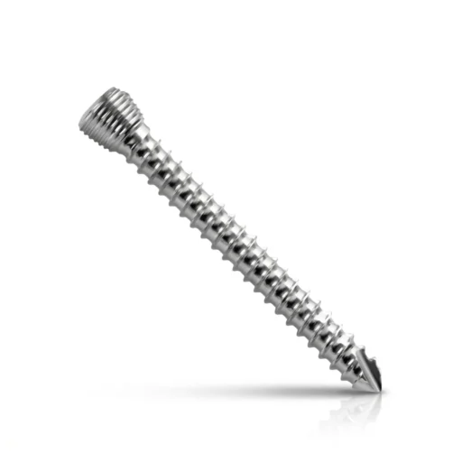 Self-tapping locking head screw for orthopedic fixation, shown in metallic finish
