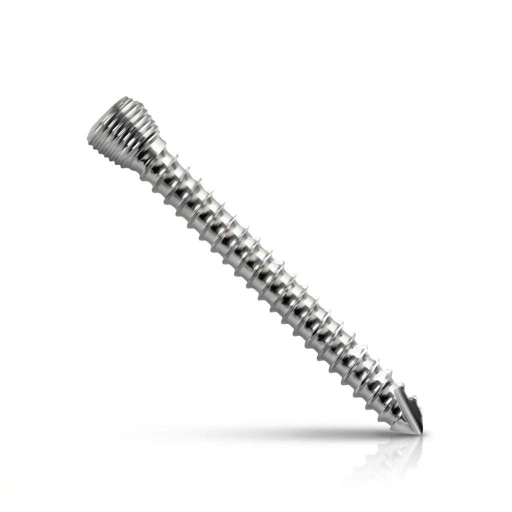 Self-tapping locking head screw for orthopedic fixation, shown in metallic finish