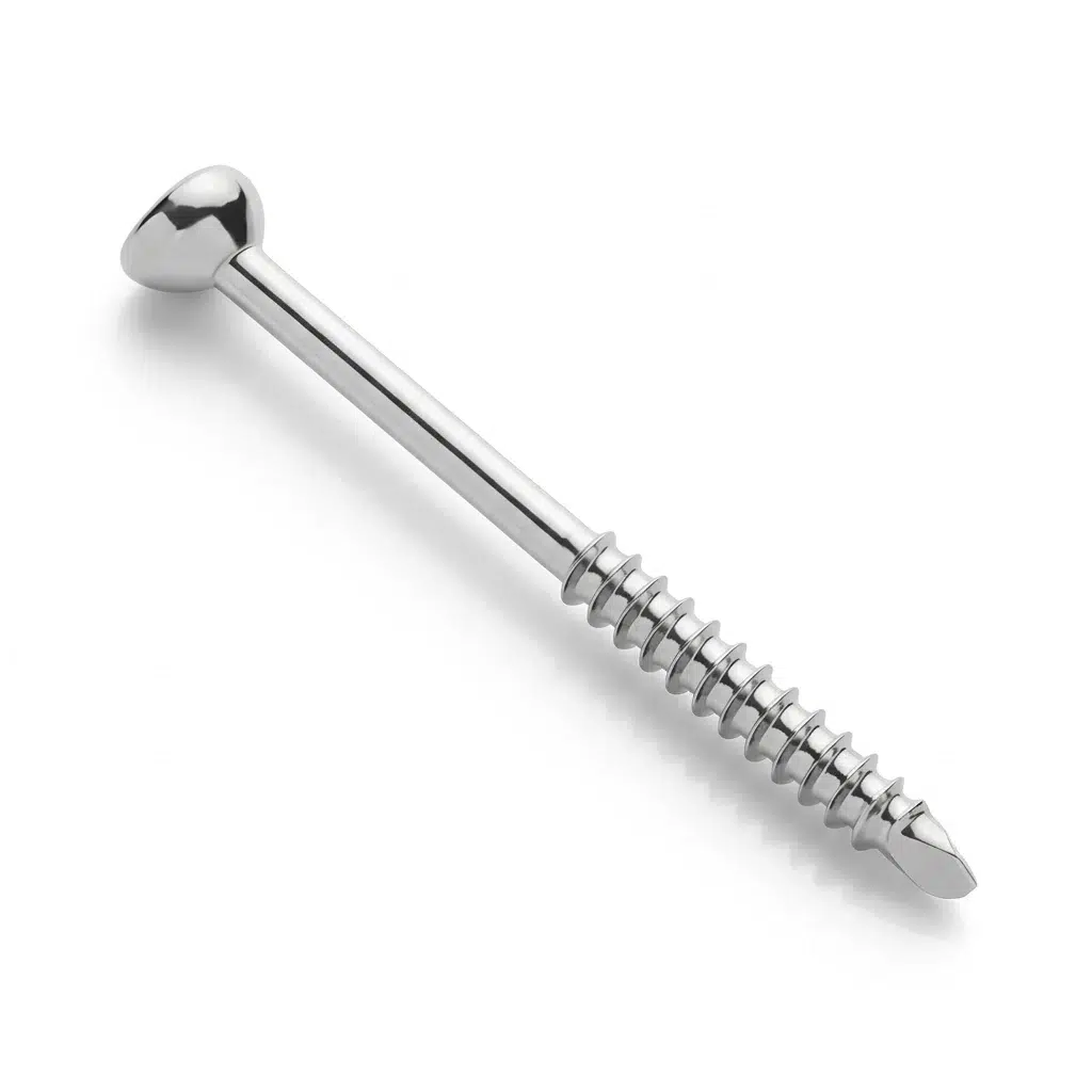 Malleolar Screw with smooth shaft, rounded head, and partially threaded tip, shown in silver metallic finish