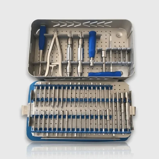 Orthopedic Screwdriver Set tray showing rows of screwdriver bits and extractors secured in a blue instrument holder