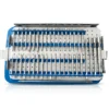 Orthopedic Screwdriver Set open case showing the instrument tray with handles and forceps in the upper box and rows of screwdriver bits in the lower tray