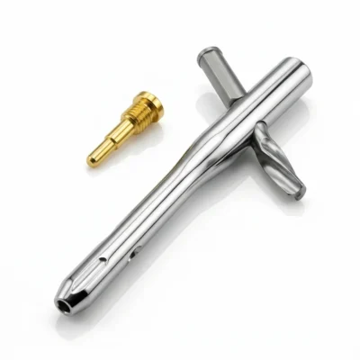 Silver-coloured PFNA II Nail with a component passing through its upper section and a gold-coloured screw beside it.