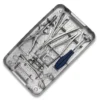 First sterilization tray of the Pedicle Screw Fixation Set (Type II), showing awls, cannulated taps, screwdrivers, and blue-handled T-handle instruments