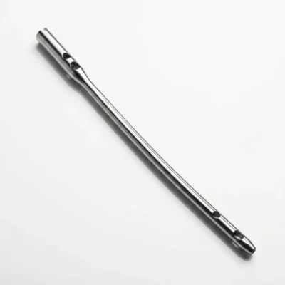 Silver-coloured Proximal Femur Long Nail with its wider end at the upper left.