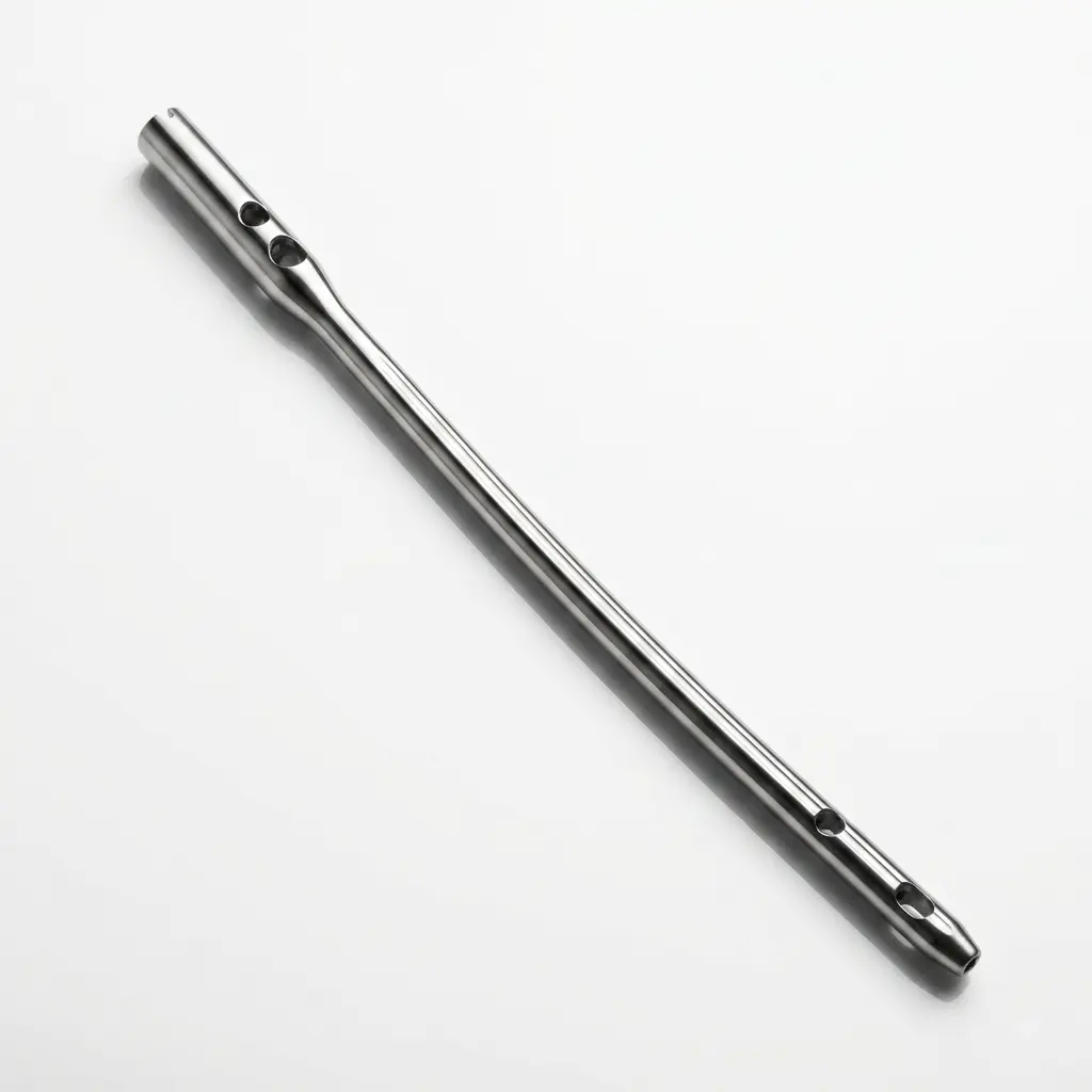 Silver-coloured Proximal Femur Long Nail with its wider end at the upper left.