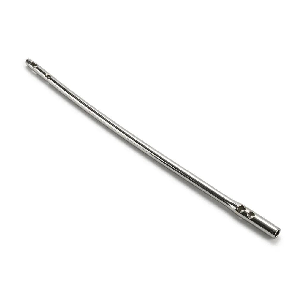 Silver-coloured Proximal Femur Long Nail with its wider end at the lower right.