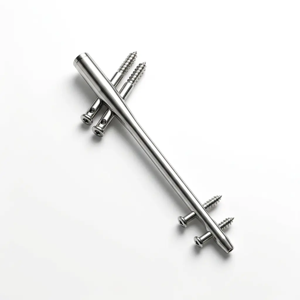 Silver-coloured Proximal Femur Nail shown diagonally with four screws.