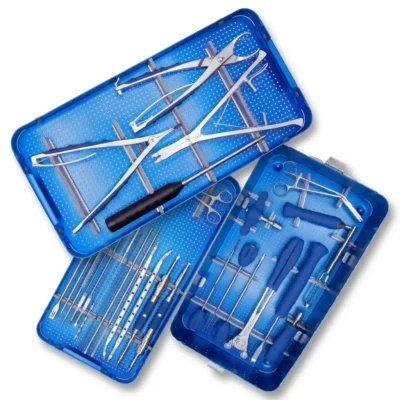 Spinal Pedicle Screw Fixation Set displayed with aluminium storage box and surgical instruments