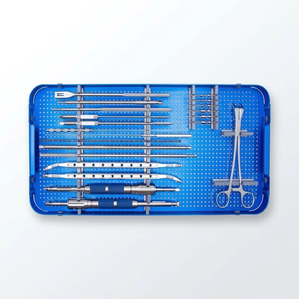 Second tray of the pedicle screw fixation instrument set with additional instruments arranged in the box