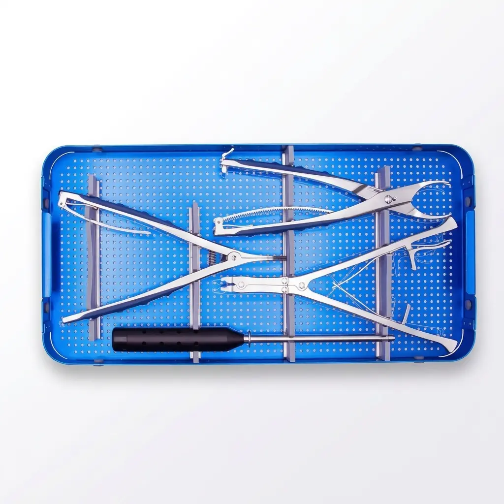 Aluminium storage box for the pedicle screw fixation instrument set shown in a perspective view
