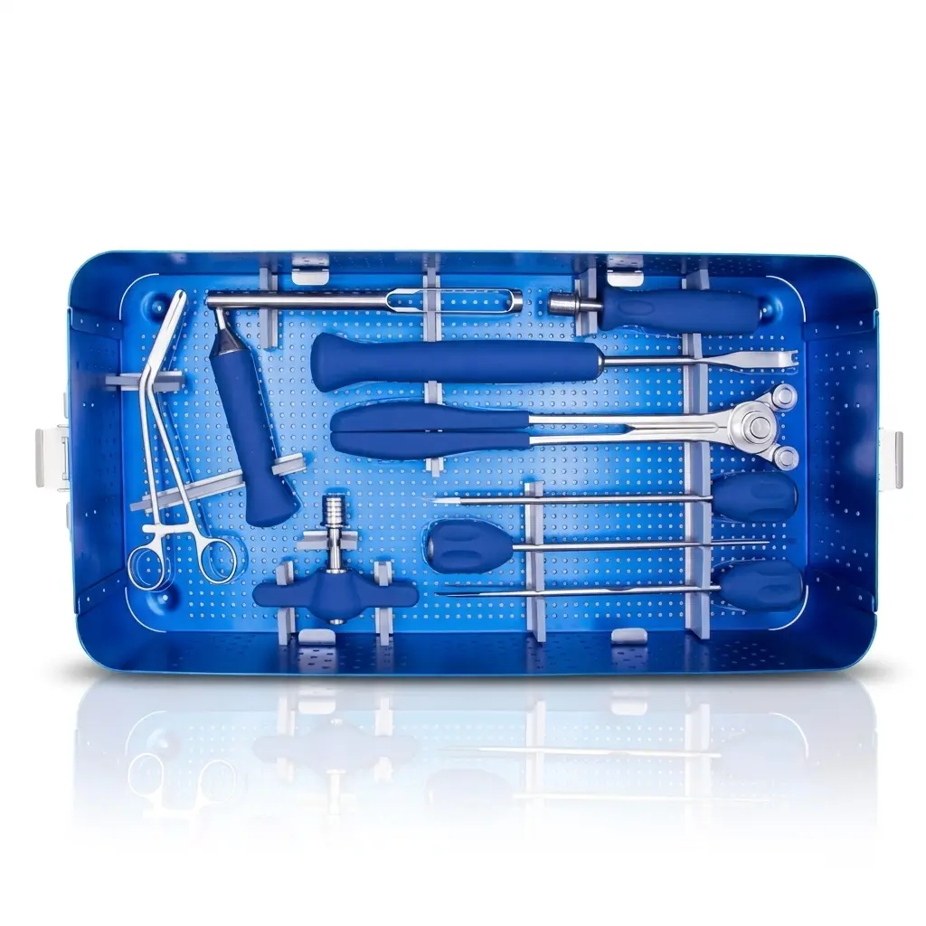 First tray of the Spinal Pedicle Screw Fixation Set showing instruments arranged in the aluminium box