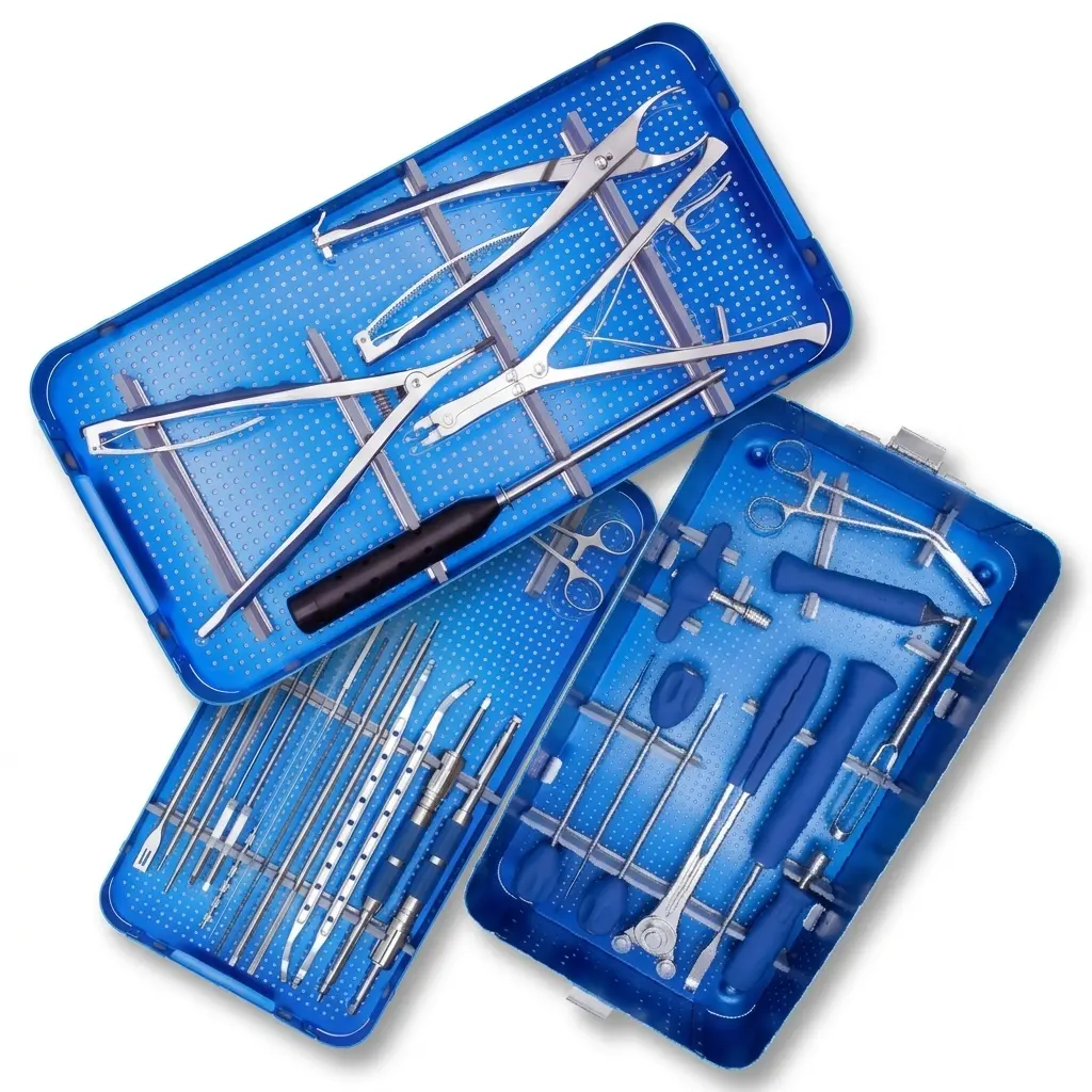 Spinal Pedicle Screw Fixation Set displayed with aluminium storage box and surgical instruments