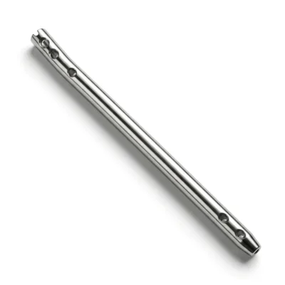 Silver-coloured Supracondylar Nail (IMSC) positioned diagonally with five visible circular holes.