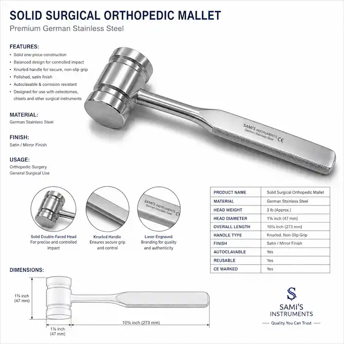 Surgical Orthopedic Mallet 10¾ inch length, 3 lb, 1⅞ inch head, German stainless steel